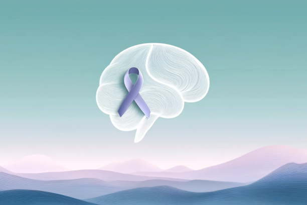 Minimalist art depicting the brain and Alzheimer's Awareness ribbon.