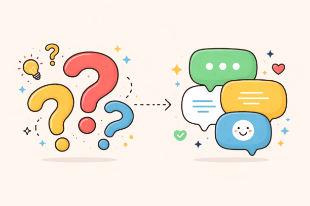 Colorful question marks and colorful chat bubbles, representing asking questions and getting helpful feedback.