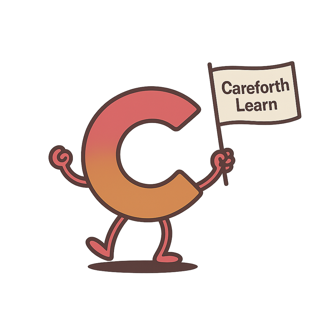 Cartoon letter Careforth Learn letter 'C' character holding a flag that says ‘Careforth Learn.'